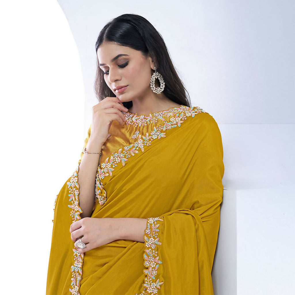 Mustard Pure Crepe Silk Moti With Hand Work Saree With Unstitched Blouse - Norita Swaraa