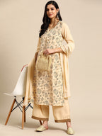 Sangria Floral Printed Lace Detail Kurta with Palazzos & Dupatta