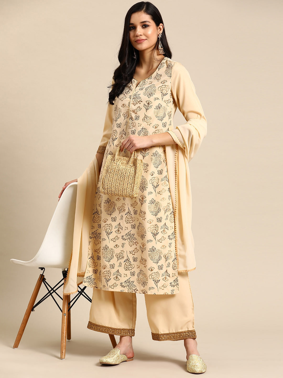 Sangria Floral Printed Lace Detail Kurta with Palazzos & Dupatta