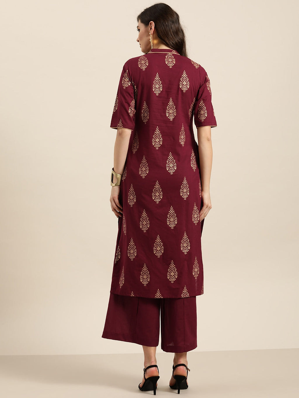 Sangria Women Maroon & Golden Pure Cotton Printed Kurta with Palazzos