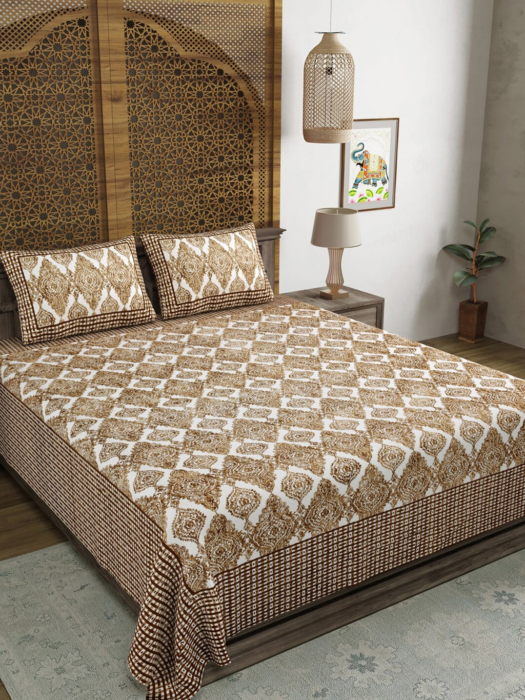 Sangria Brown & White Printed Cotton 210TC Double King Bedsheet With 2 Pillow Covers