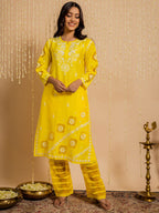 HOUSE OF KARI Ethnic Motifs Embroidered Round Neck Chikankari Chanderi Silk Kurta