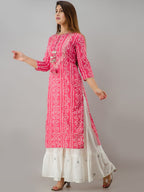 HERE&NOW Pink Tie Up Neck Bandhani Printed Gotta Patti Kurta