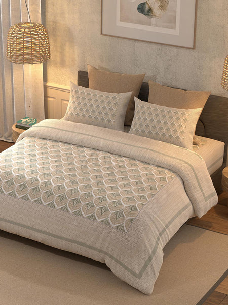BELLA CASA Beige & Off White Ethnic Motifs 350 TC King Bedsheet with 2 Pillow Covers