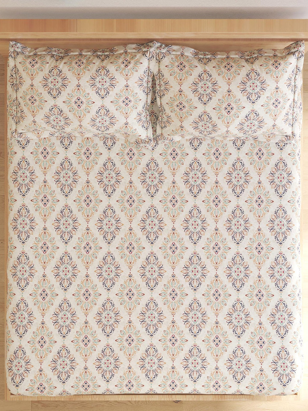 Home Centre Beige & Navy Blue Ethnic Motifs Cotton 150 TC King Bedsheet & 2 Pillow Covers