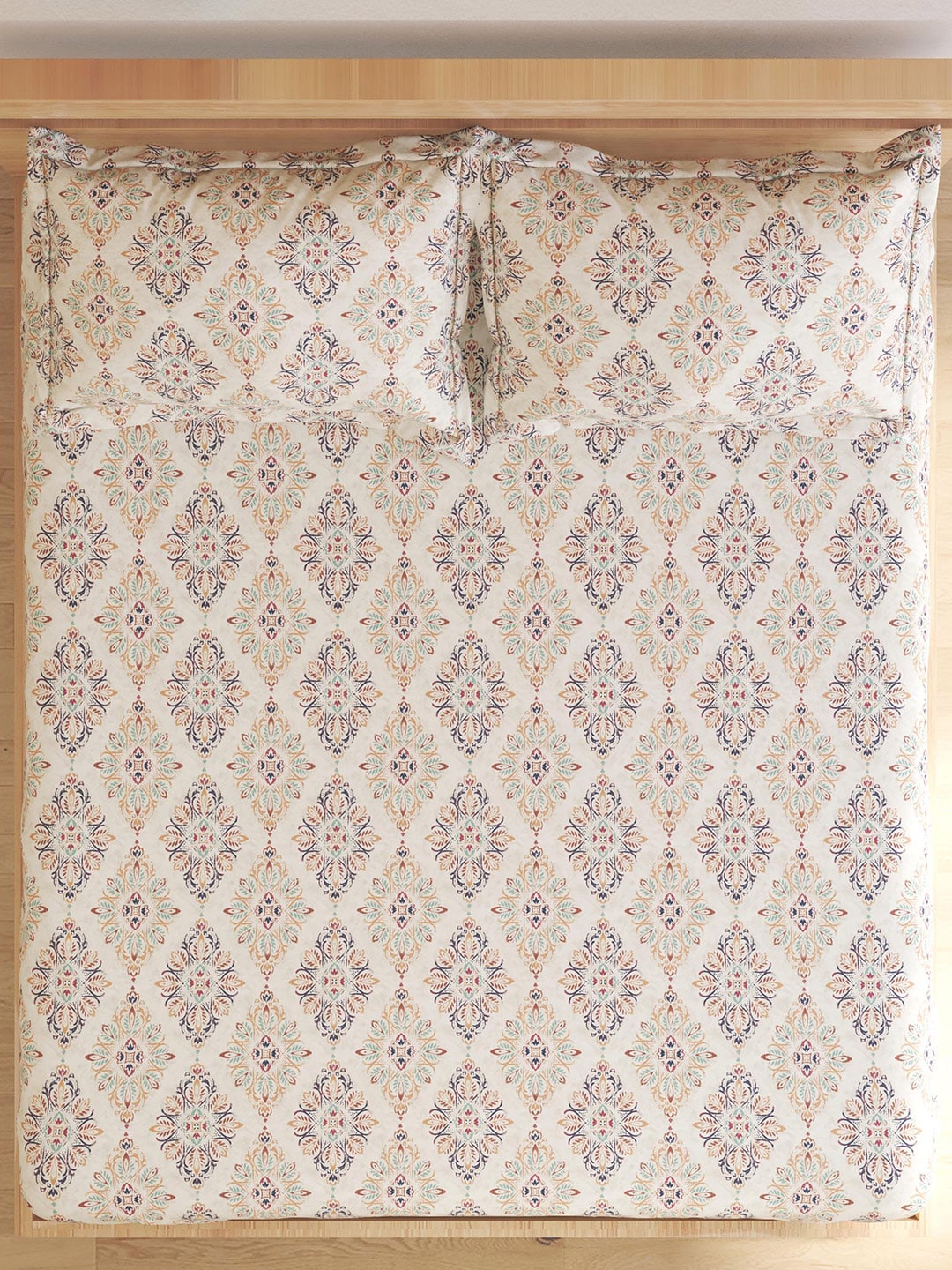 Home Centre Beige & Navy Blue Ethnic Motifs Cotton 150 TC King Bedsheet & 2 Pillow Covers