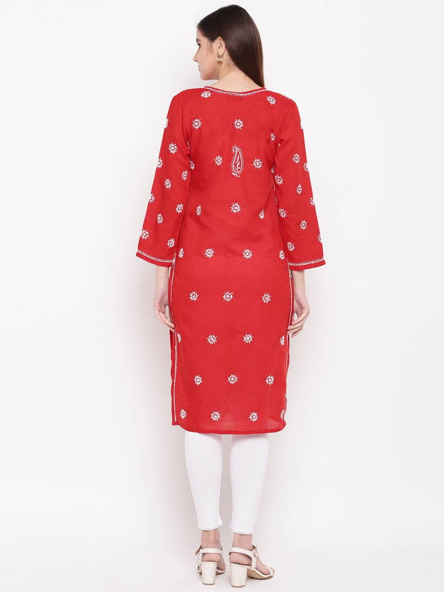 ADA Women Red & White Chikankari Hand Embroidered Straight Sustainable Kurta