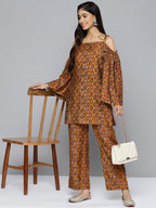HERE&NOW Women Ethnic Motifs Printed Cold-Shoulder Kurta with Palazzos