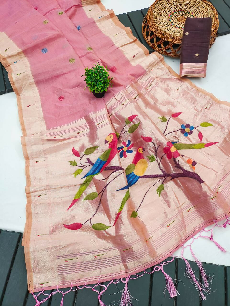 Vastranavya Pink Muga Cotton Meenakari & Munia Weaving Pallu Saree with Contrast Blouse - Distacart