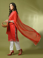 Myshka Women's Red Printed Kota Straight Party Kurta Set With Dupatta