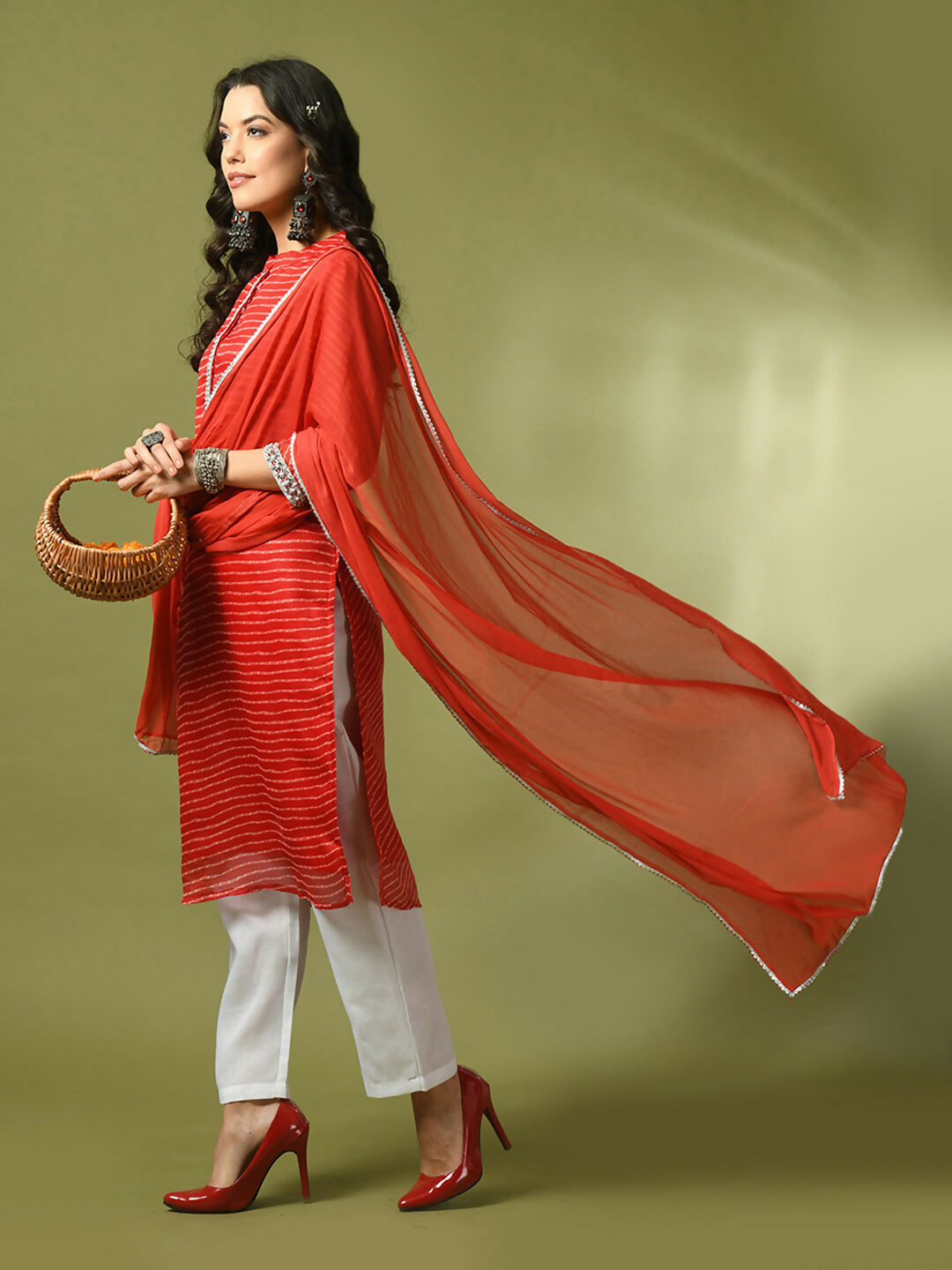 Myshka Women's Red Printed Kota Straight Party Kurta Set With Dupatta