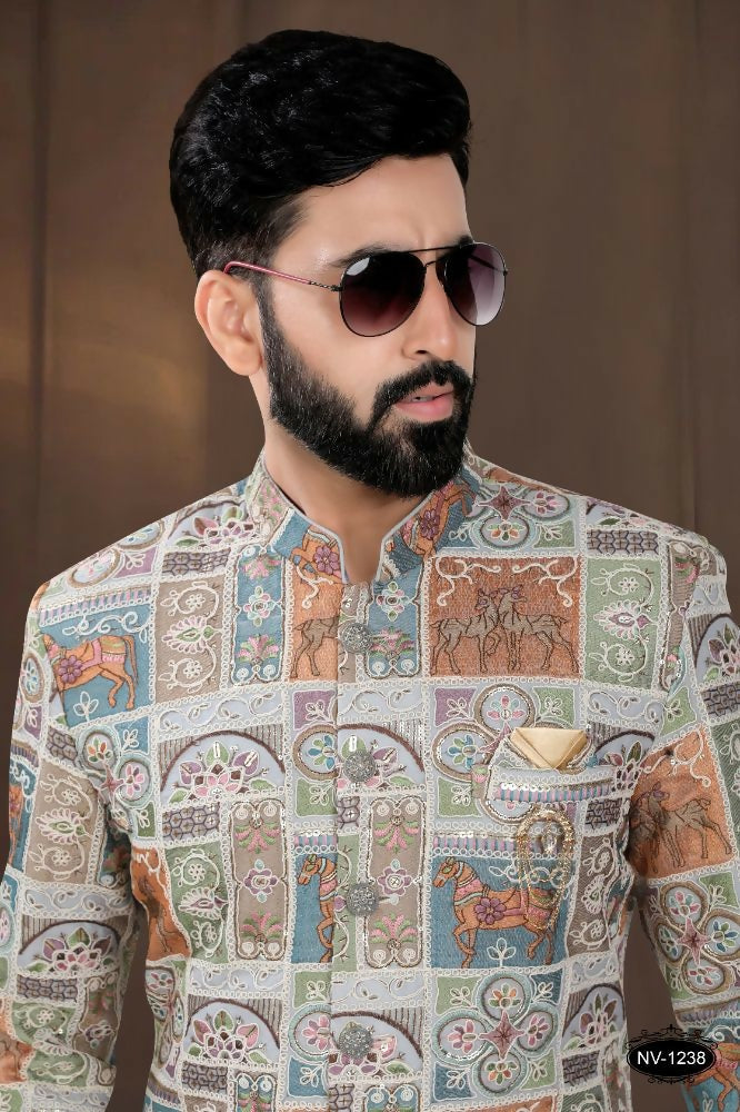 Joban Fashion Men's Base Blue(Multi Colours) Georgette Kurta with Pyjama