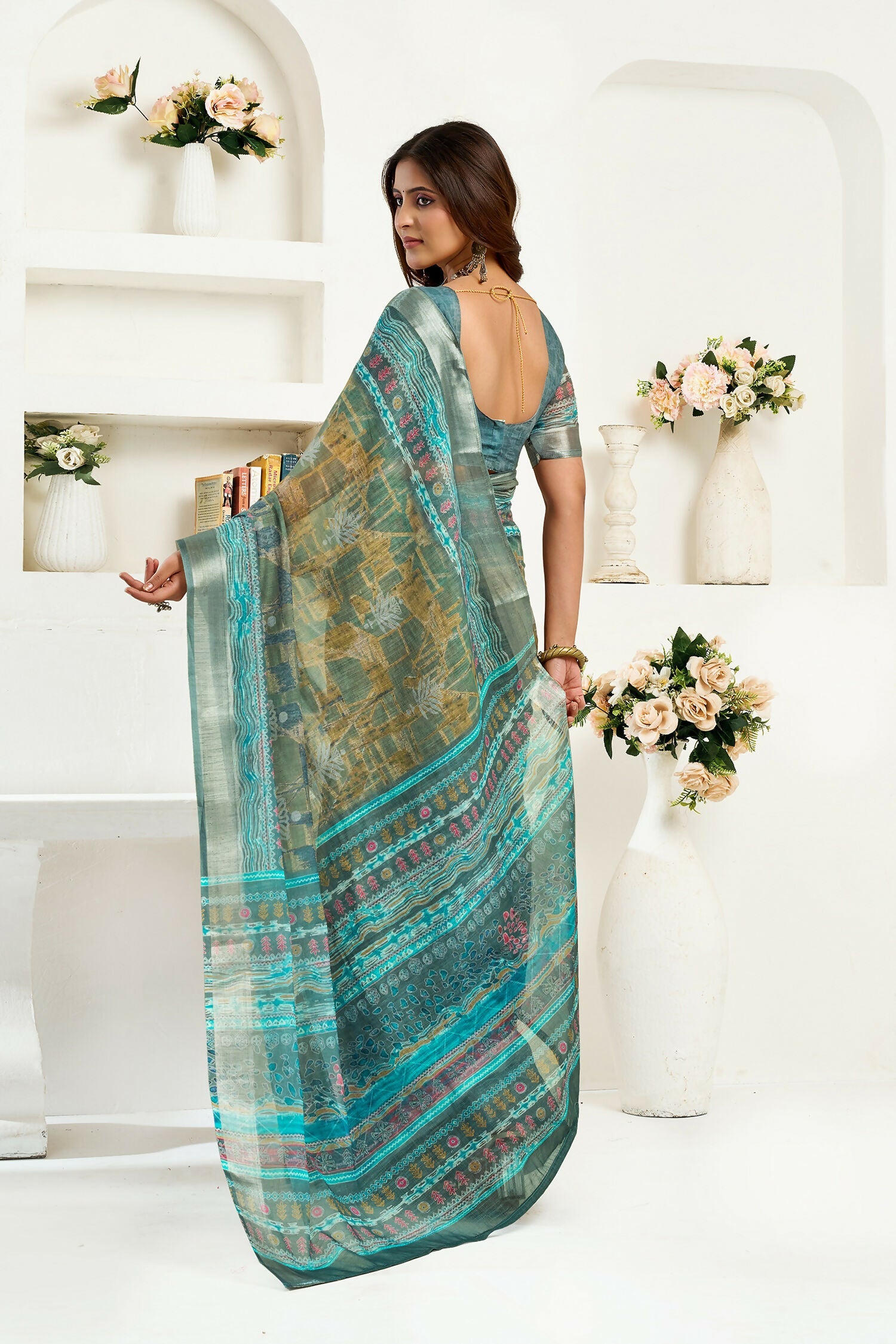 Joban Fashion Petrol Ethinic Motifs Linen Ready To Wear Saree With Unstitched Blouse - Distacart