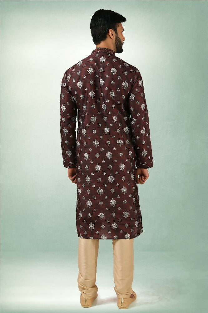 Raivat Ethnic Art Silk Printed Work Kurta Pajama In Brown Colour