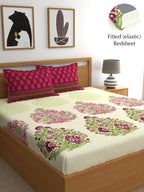 My Room Pink & Green Ethnic Motifs 140 TC Fitted Cotton King Bedsheet & Pillow Covers