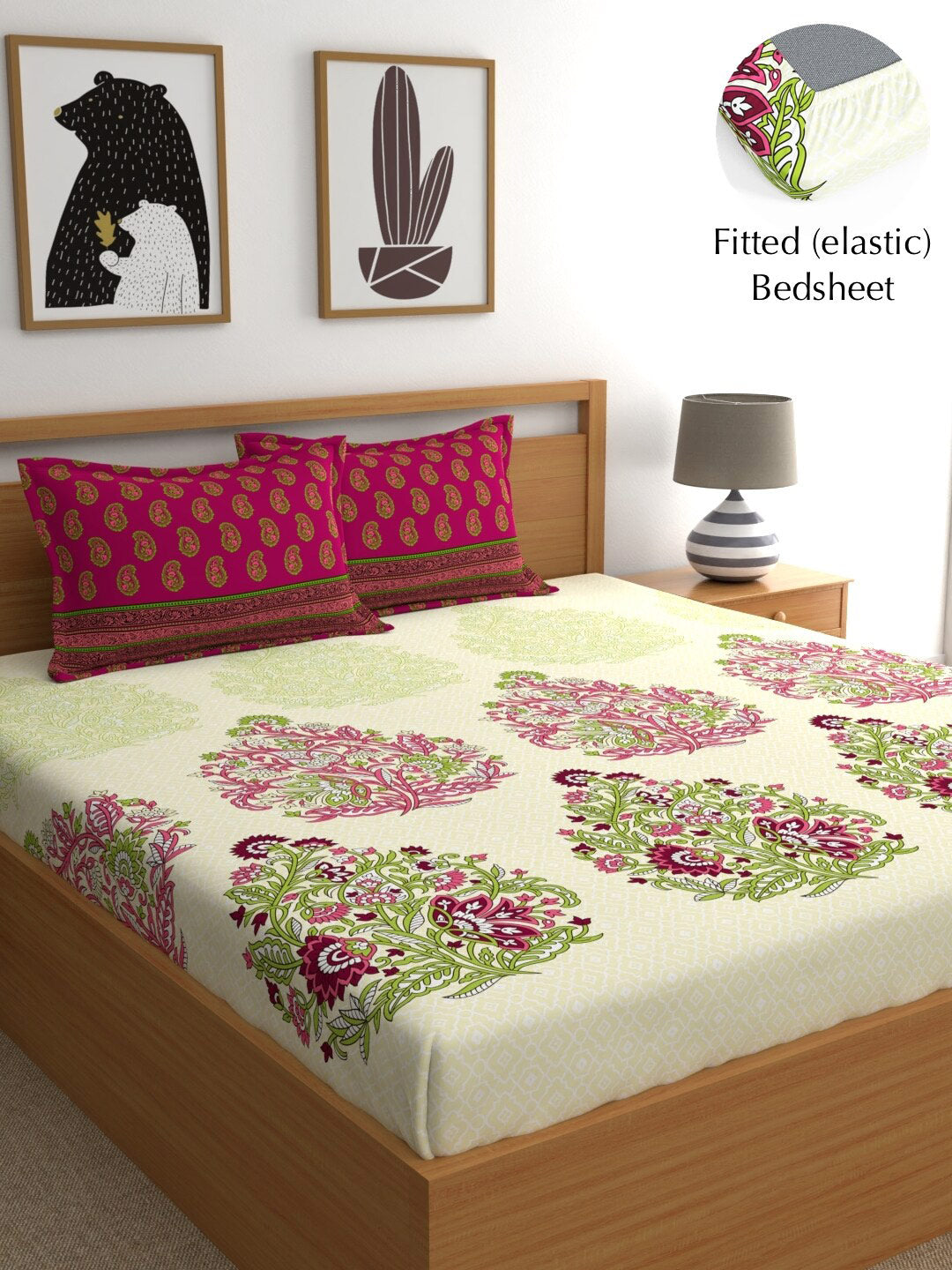 My Room Pink & Green Ethnic Motifs 140 TC Fitted Cotton King Bedsheet & Pillow Covers