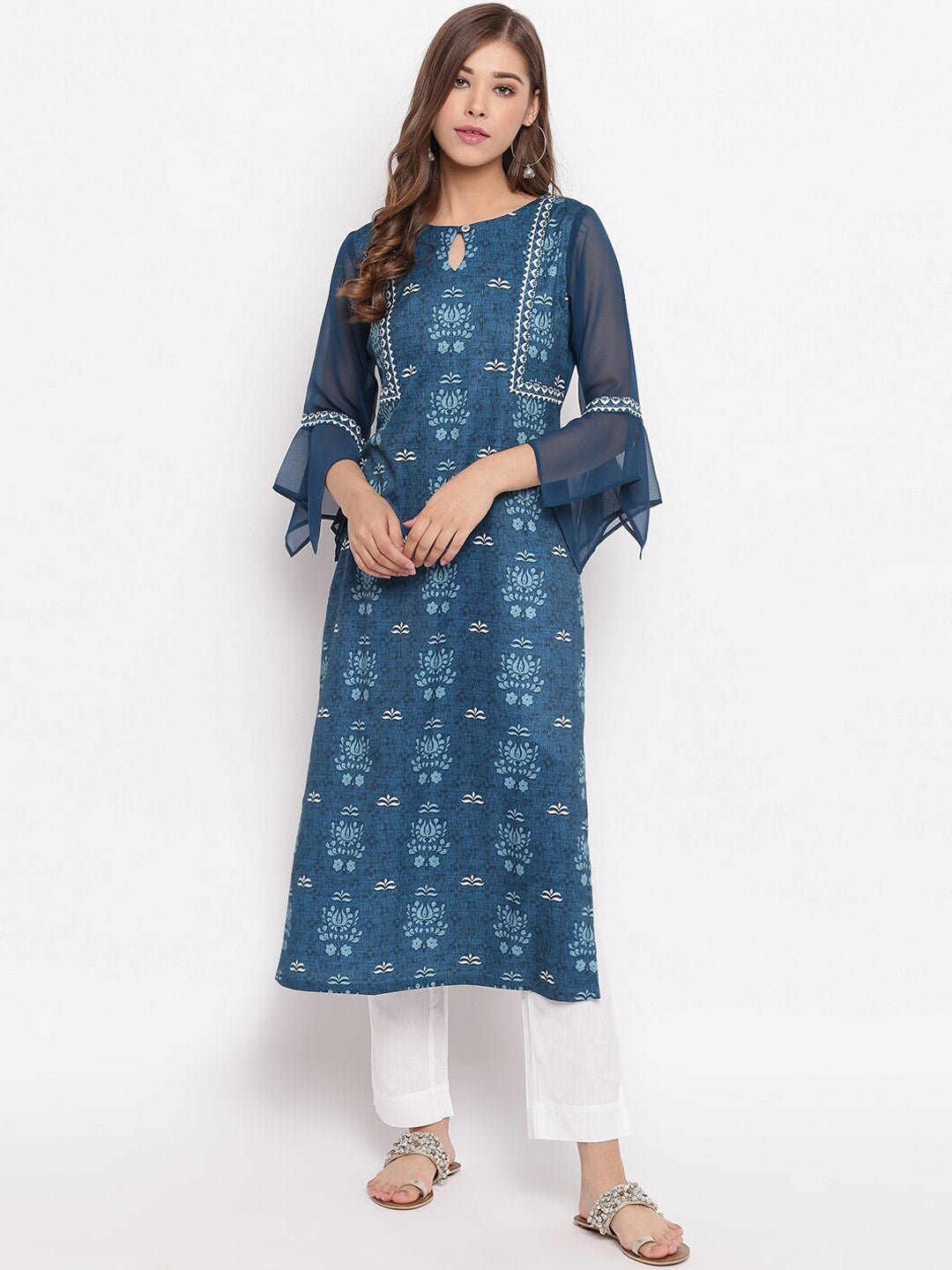 Janasya Blue Floral Printed Straight Kurta - Distacart