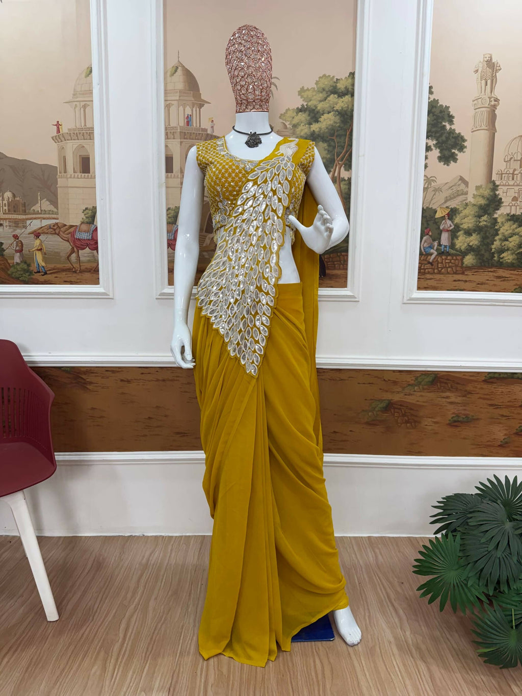 Teeya Creation Yellow Color Faux Georgette Embroidery Work Party Wear Ready To Wear Saree - Distacart