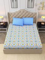 DREAM WEAVERZ Blue & Yellow Cotton Ethnic Motifs 300 TC Double Bedsheet with 2 Pillow Covers