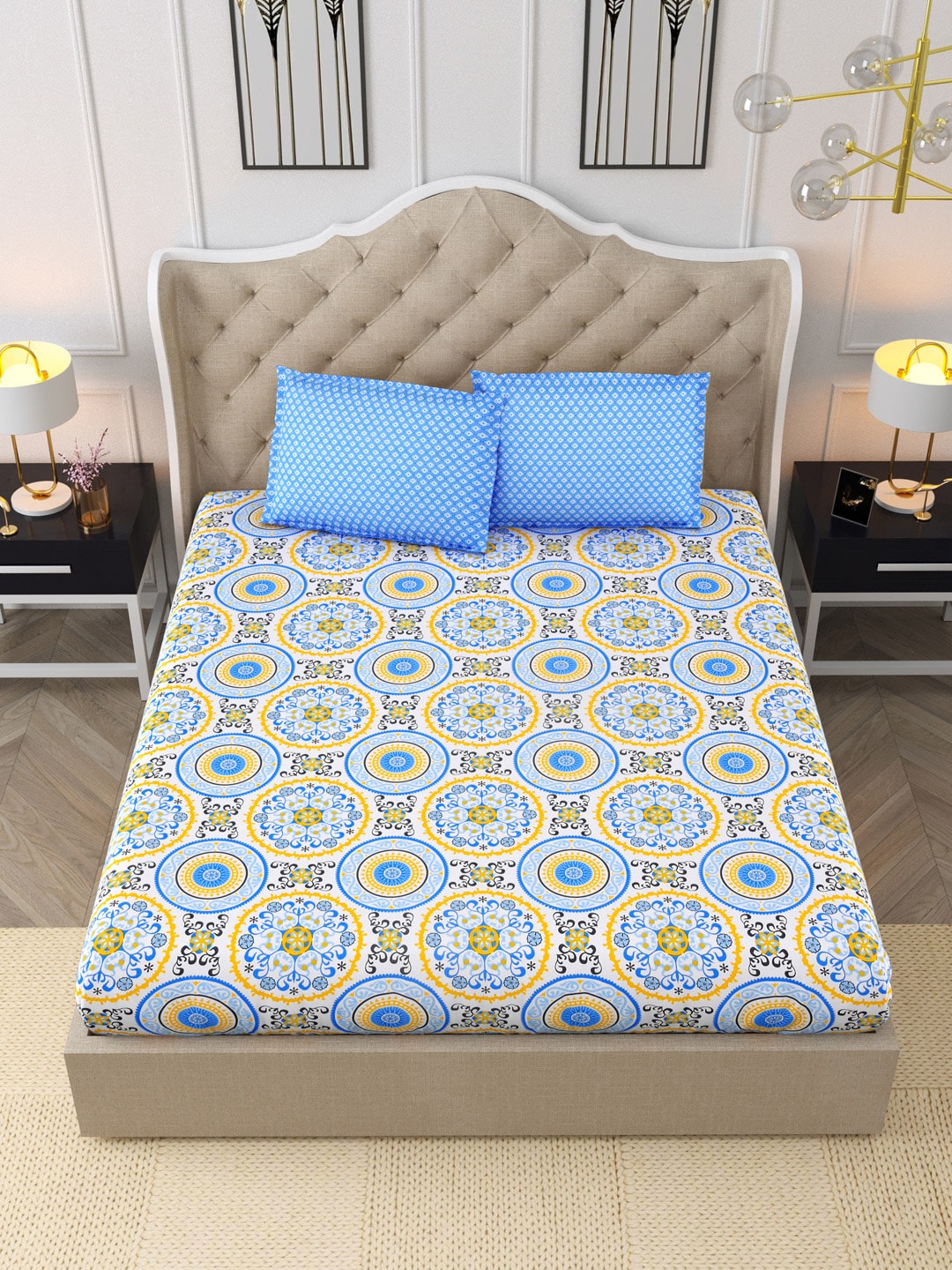 DREAM WEAVERZ Blue & Yellow Cotton Ethnic Motifs 300 TC Double Bedsheet with 2 Pillow Covers