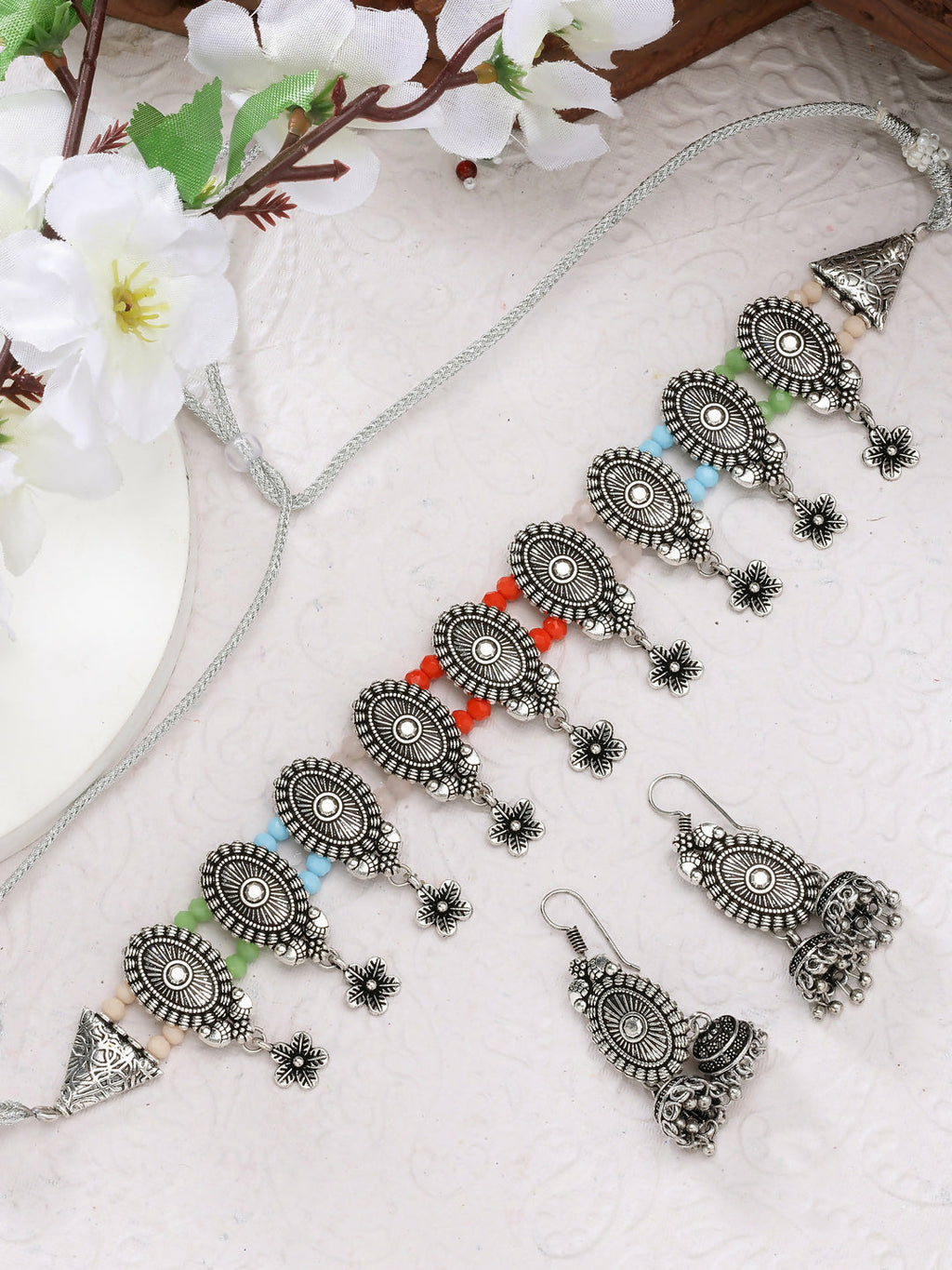 NVR Women's Silver-Plated Choke Oxidized Necklace with Jhumka Earrings