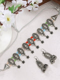 NVR Women's Silver-Plated Choke Oxidized Necklace with Jhumka Earrings