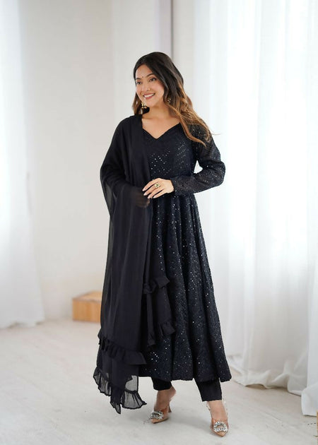 The52 Women's Gorgeous Embroidery Fox Georgette Fabric Flared Anarkali Pant and Dupatta Set
