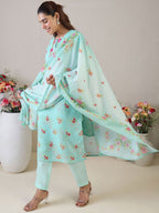 Indo Era Women Floral Embroidered Thread Work Linen Kurta with Trousers & With Dupatta - Distacart
