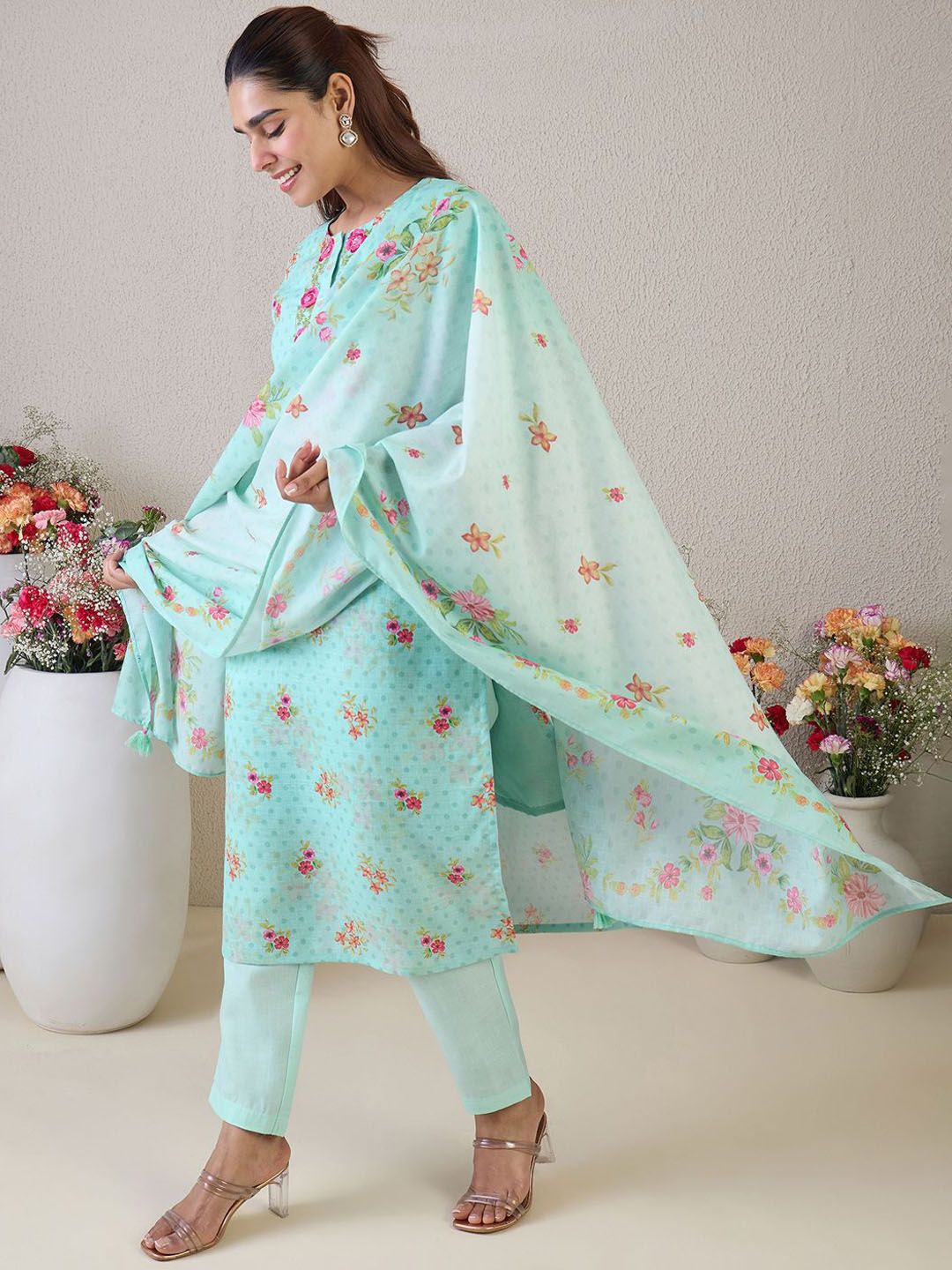 Indo Era Women Floral Embroidered Thread Work Linen Kurta with Trousers & With Dupatta - Distacart