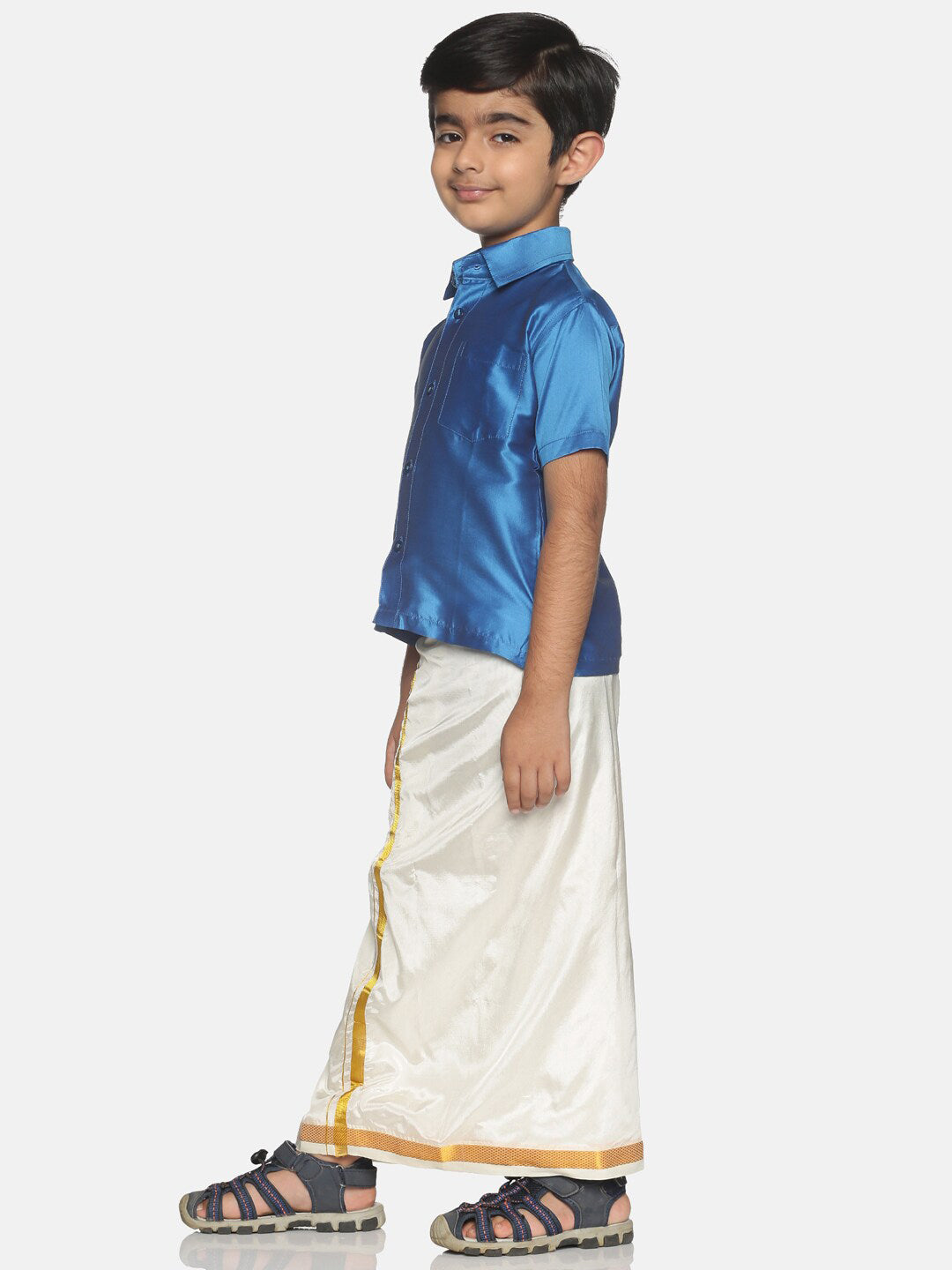 Sethukrishna Boys Blue & White Shirt with Veshti Set (GENIE-67846)