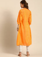 Sangria Women Jacquard Chanderi Silk Tie-Up Neck Puff Sleeves Kurta With Sequin Detail