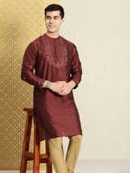 House of Pataudi Men Maroon Floral Yoke Design Jashn Kurta