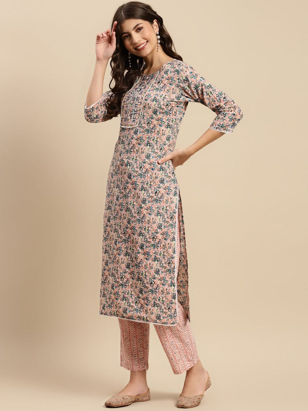 Sangria Peach & Blue Floral-Printed Pure-Cotton Straight Kurta With Trouser & Dupatta