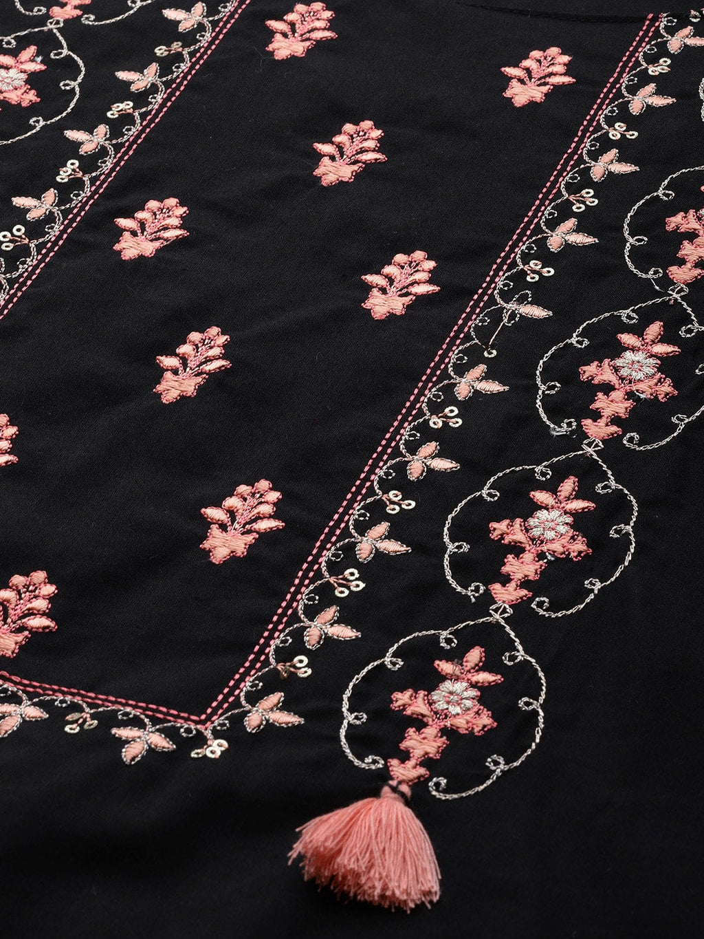 Sangria Women Black & Peach-Coloured Cotton Embroidered Straight Kurta with Dhoti Pants