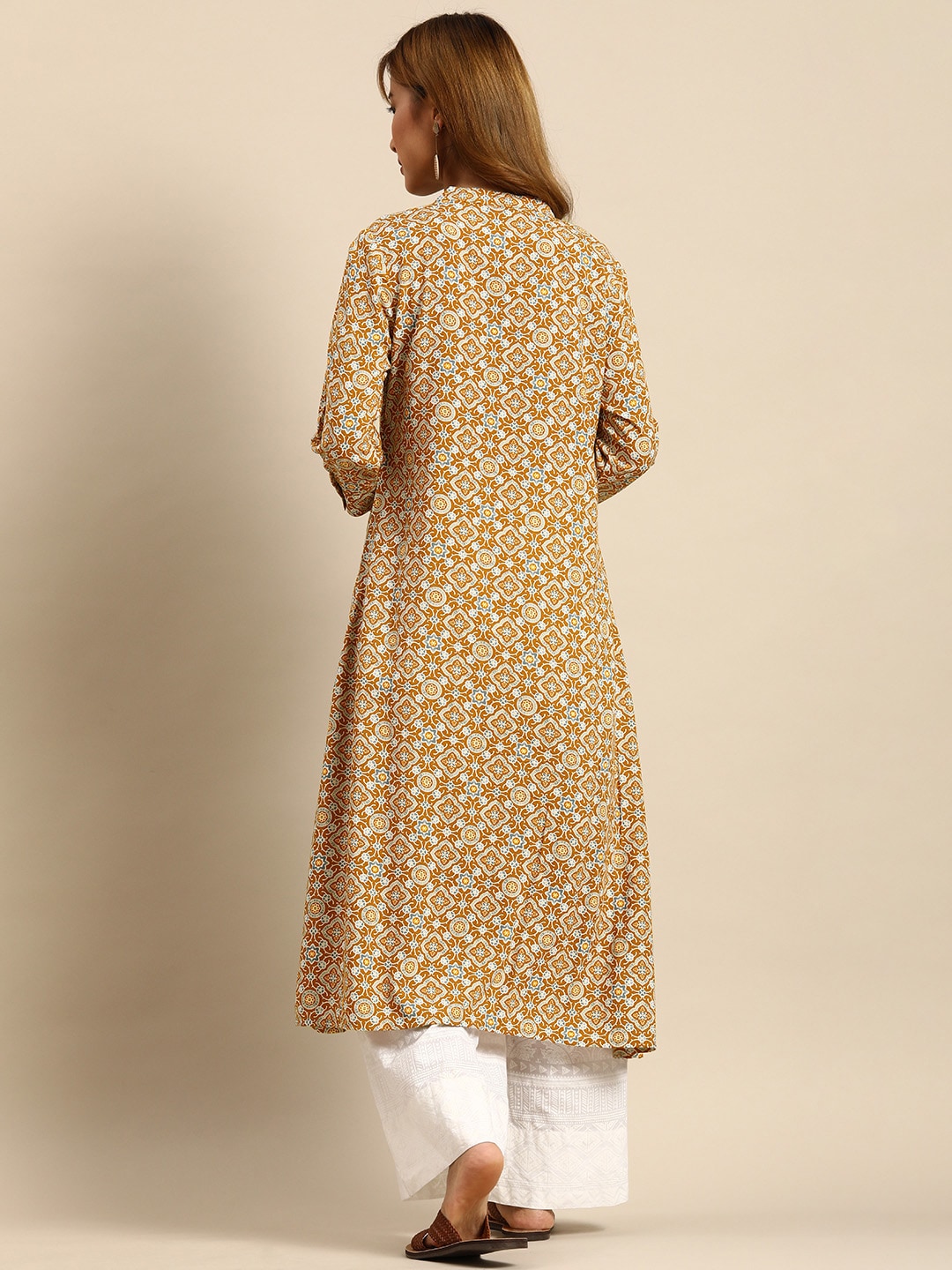 Sangria Women Mustard Yellow & Blue Printed Kurta