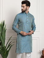 Sojanya Men Blue & Beige Ethnic Motif Printed Jacquard Silk Kurta
