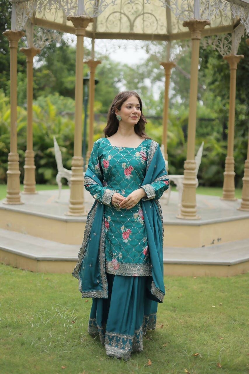 Vastranavya Premium Designer Printed With Sequins & Thread Embroidered work Kurti Palazzo & Dupatta - Firozi
