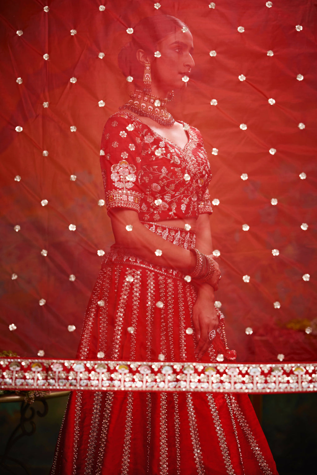 House of Panchhi Red Pure Silk Moti & Zarkan heavy embroidery Lehenga choli & Dupatta
