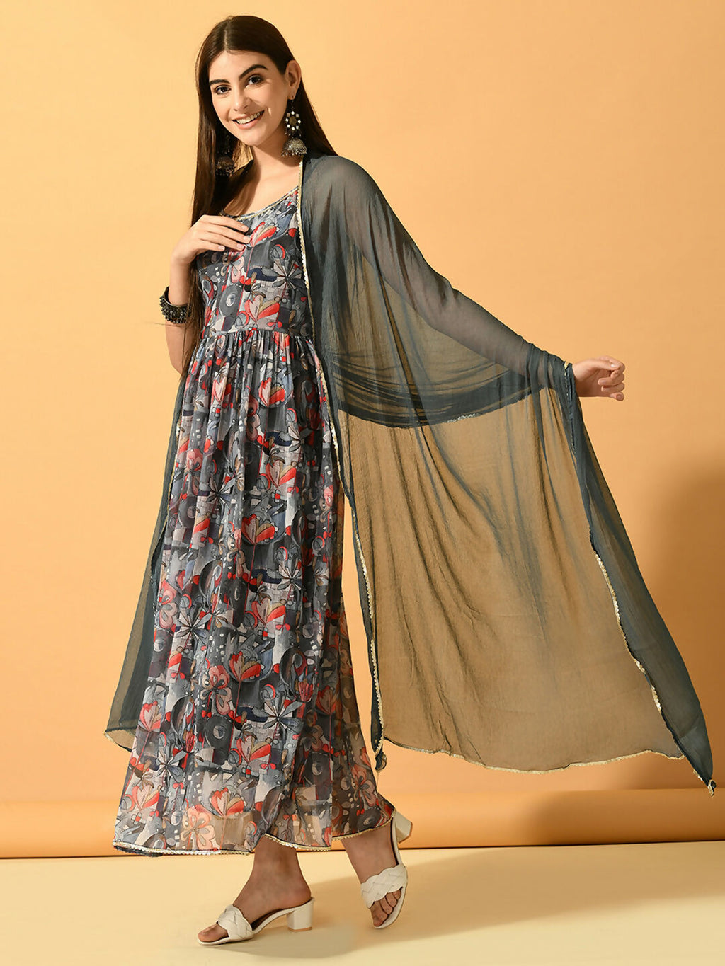 Myshka Women's Grey Festive Flared Anarkali Kurta With Dupatta sets