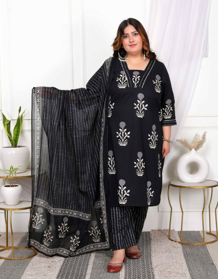 Miravan Women's Plus Size Cotton Gota Patti Black Floral Printed Straight Kurta Palazzo With Dupatta Set