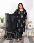 Miravan Women's Plus Size Cotton Gota Patti Black Floral Printed Straight Kurta Palazzo With Dupatta Set