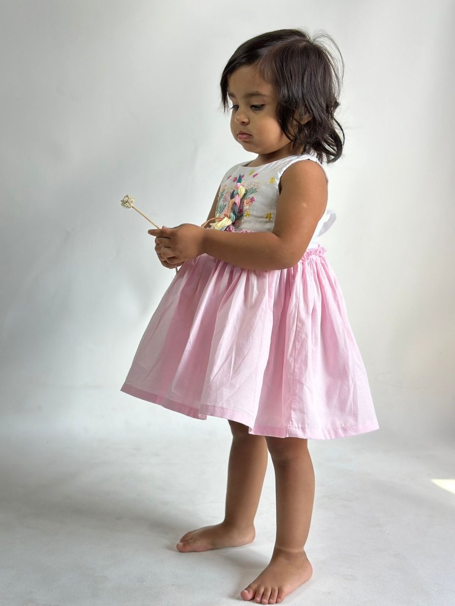 ArthLife White And Pink Unicorn Embroidered Dress