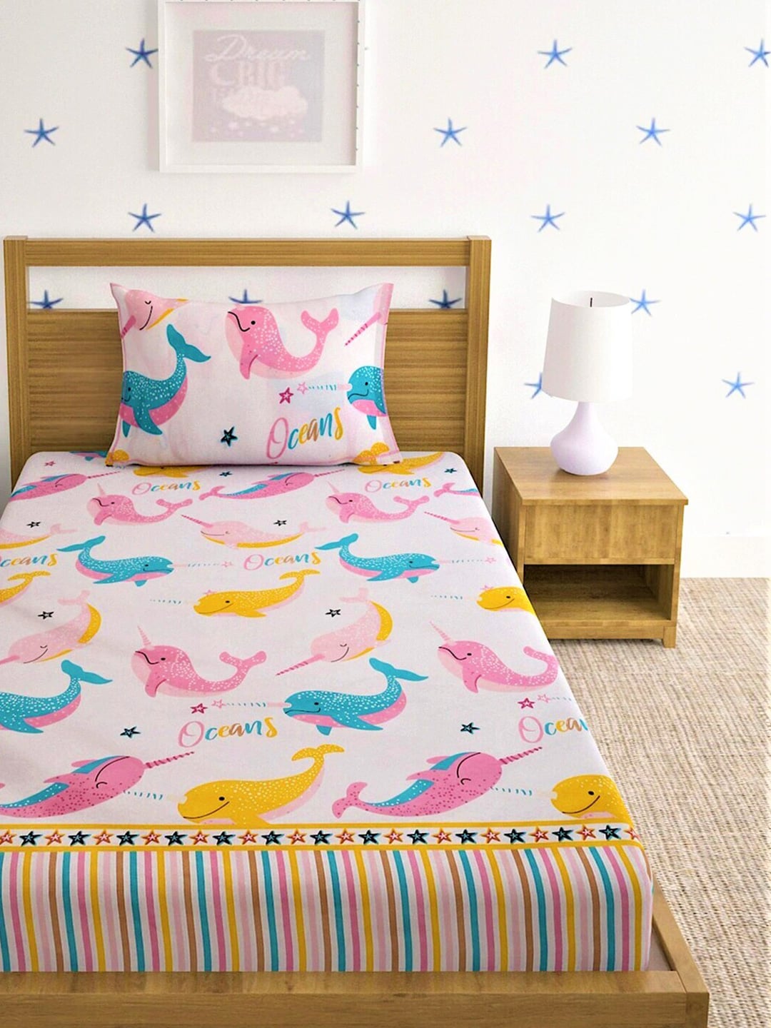 Home Sizzler Pink & White Cartoon Characters 210 TC Single Bedsheet with 1 Pillow Covers