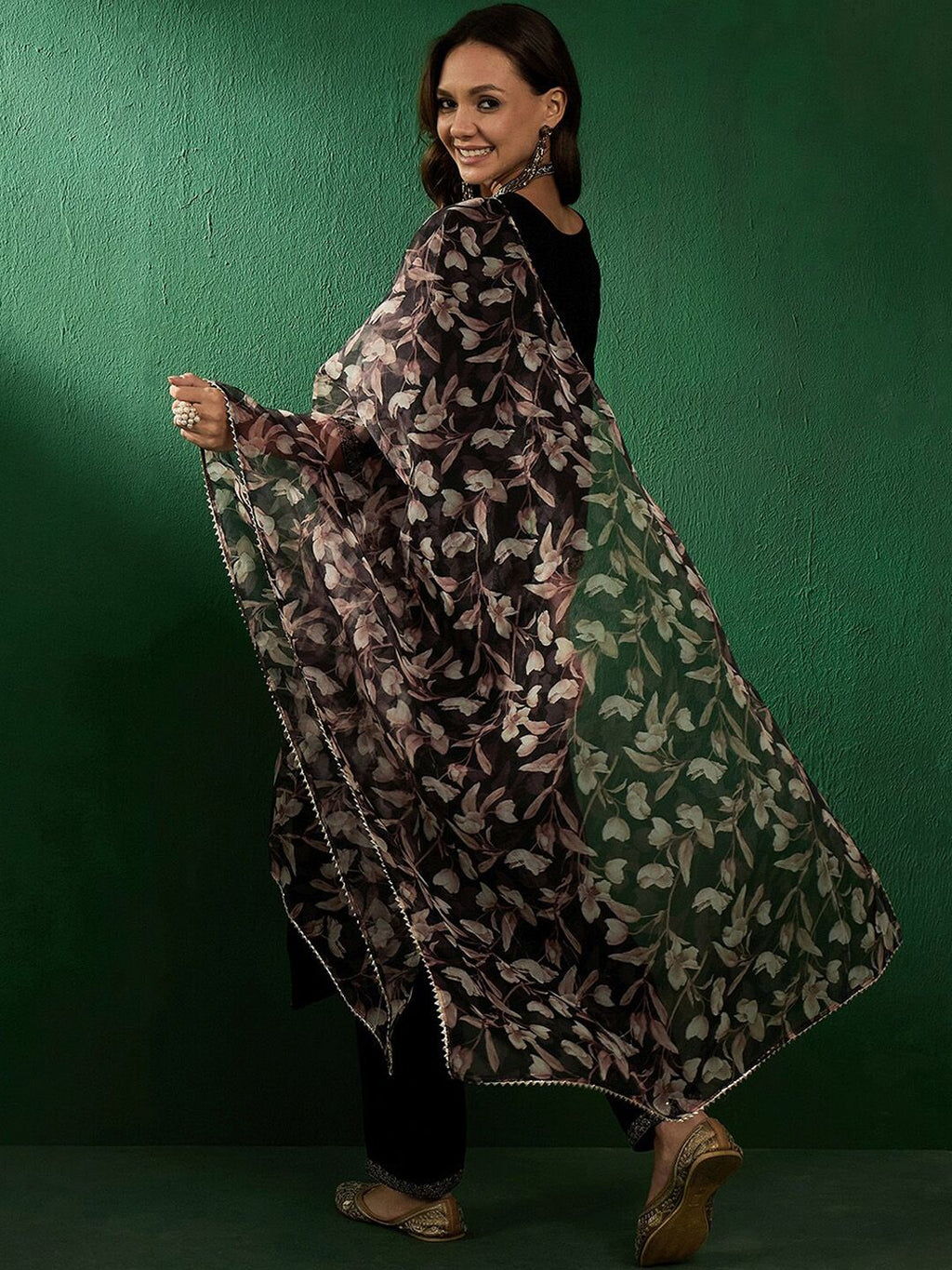 Sangria Floral Embroidered Straight Kurta With Trouser & Dupatta