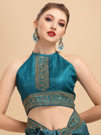 Sangria Teal & White Floral Embroidered Organza Saree - Distacart