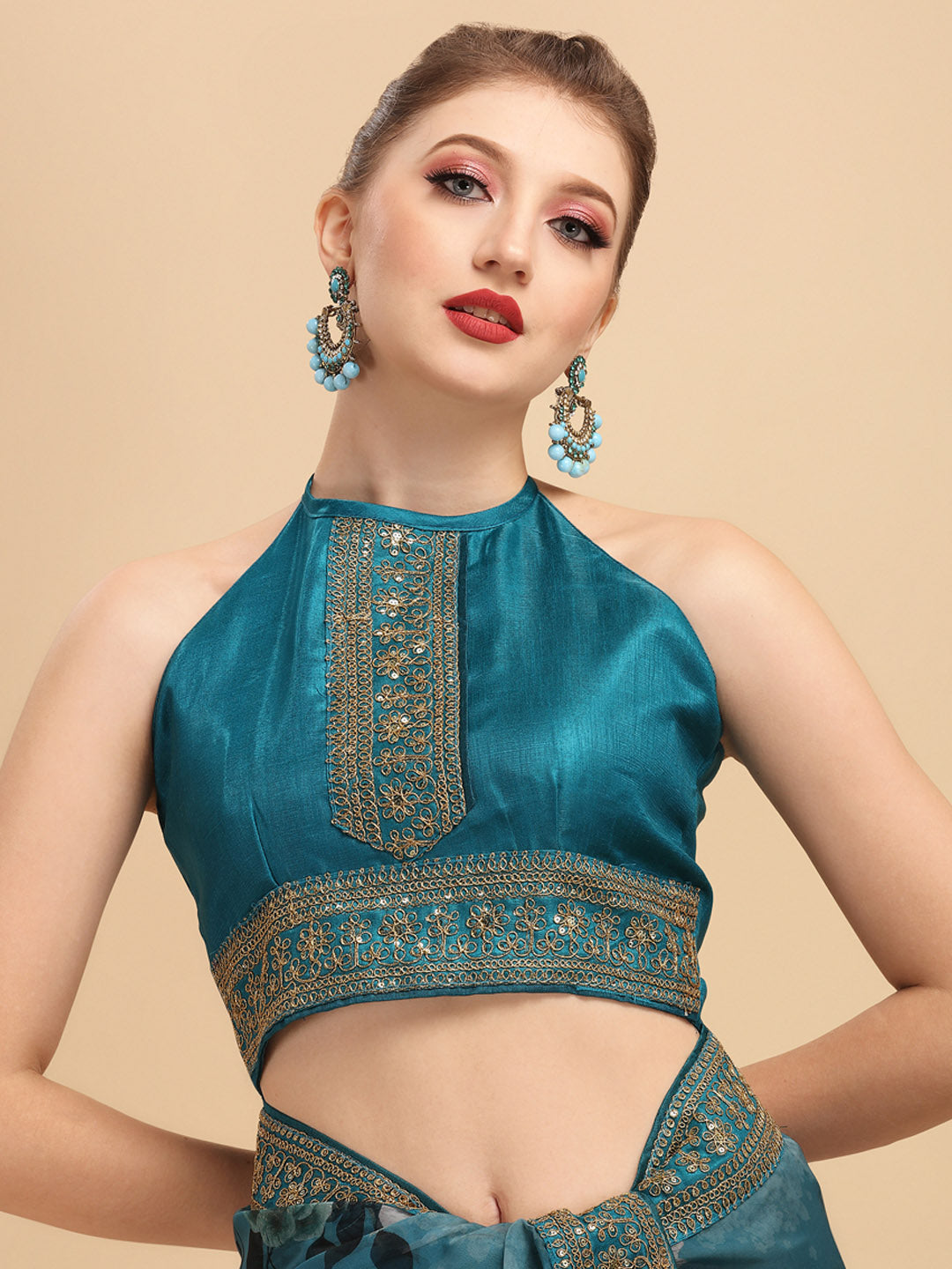 Sangria Teal & White Floral Embroidered Organza Saree - Distacart