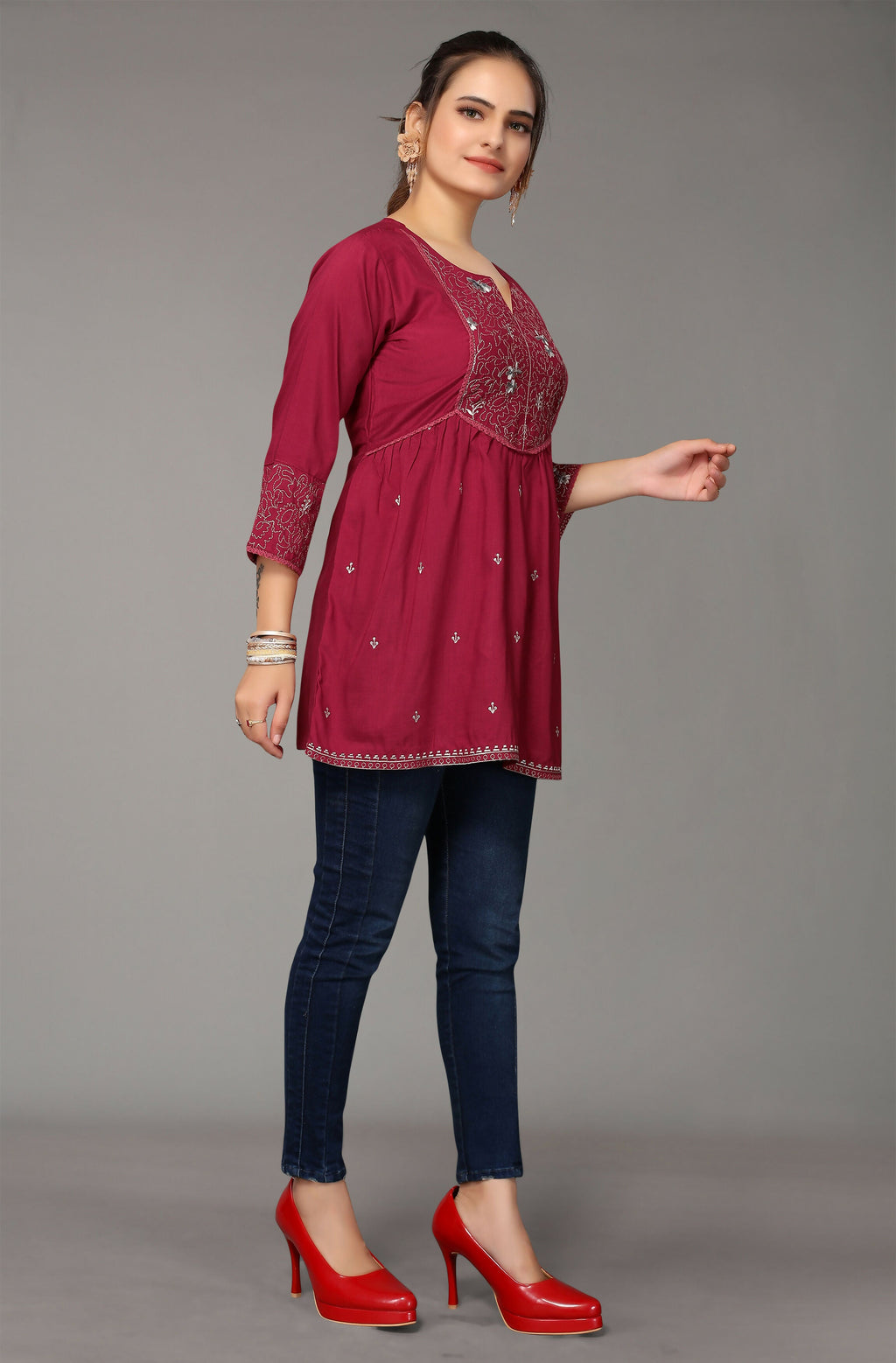 Women's Maroon Viscose blend Embroidered Short Top - Marina