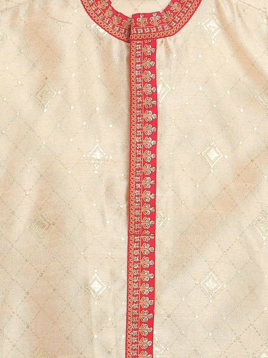 Ahalyaa Beige Poly Silk Gold Print Kids Kurta Churidar Set For Boys