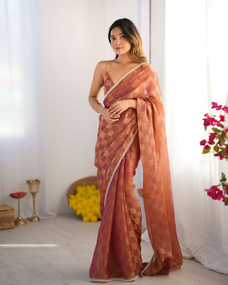 NC Chiffon Chex Wevon Chex Designer, Lace Party Wear Saree - Rust