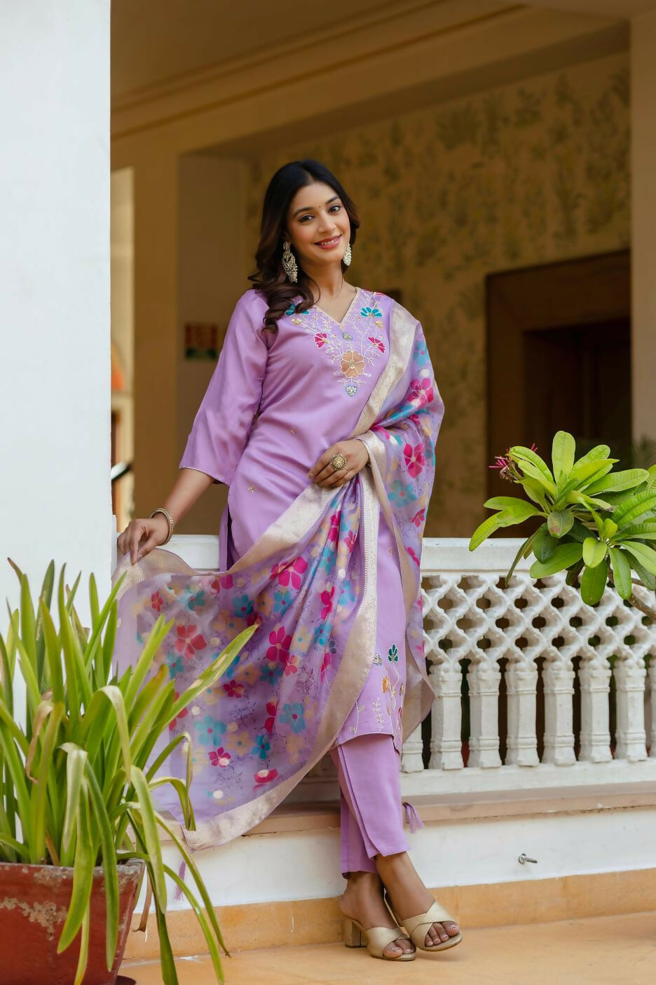 The52 Lavender Women's Gorgeous Embroidered work Viscose Gadhwal Fabric Straight Kurta, Pant and Dupatta Set - Distacart